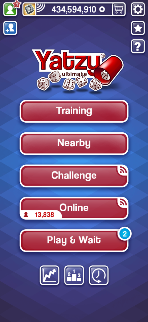 Yatzy Ultimate - Yatzy Ultimate main menu screen showing game modes including Training Challenge and Online multiplayer