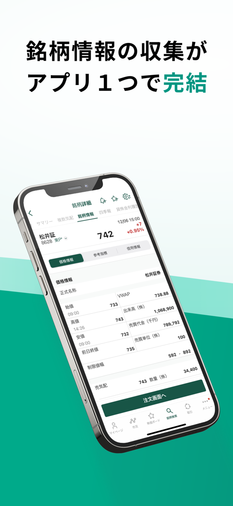 松井証券 日本株アプリ - Interfaz de la aplicación de acciones japonesas de Matsui Securities que muestra análisis de acciones y datos de mercado en un smartphone