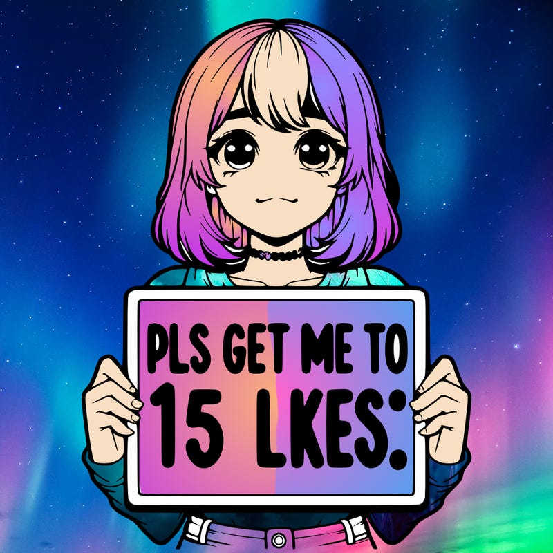 realistic girl holding up a sign that says “pls get me to 15 likes!”