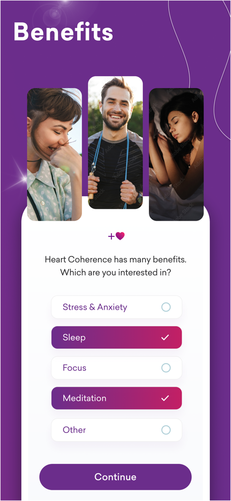 Pantalla de beneficios de la aplicación HeartMath que muestra opciones de selección para estrés, sueño, concentración y meditación con imágenes de estilo de vida de personas sintiéndose bien.