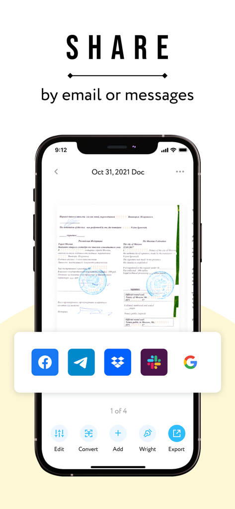 Un smartphone mostrando la interfaz de la aplicación eScan PDF Scanner con opciones de compartir documentos para correo electrónico y aplicaciones de mensajería