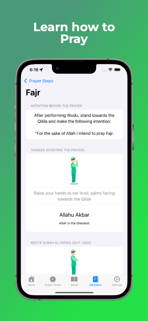 House of Islam - Educational screen showing step-by-step instructions for Fajr prayer in the House of Islam app