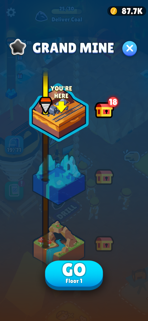 Mine Rush : Digging Adventure - Level selection screen in Mine Rush showing different underground floors in the Grand Mine.