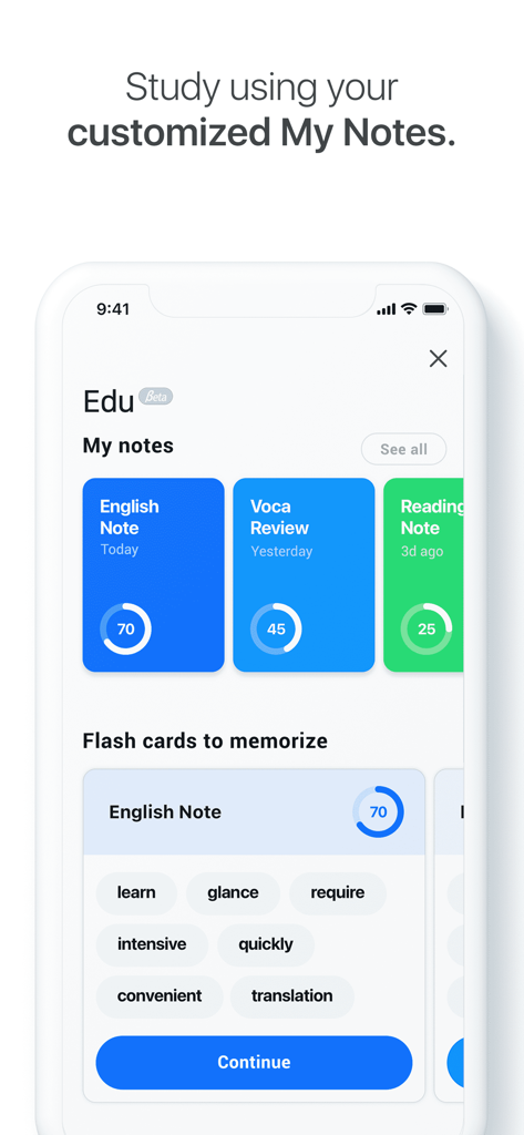 Un'interfaccia mobile di Naver Papago che mostra la sezione Edu con note di studio personalizzate e flashcard linguistiche.