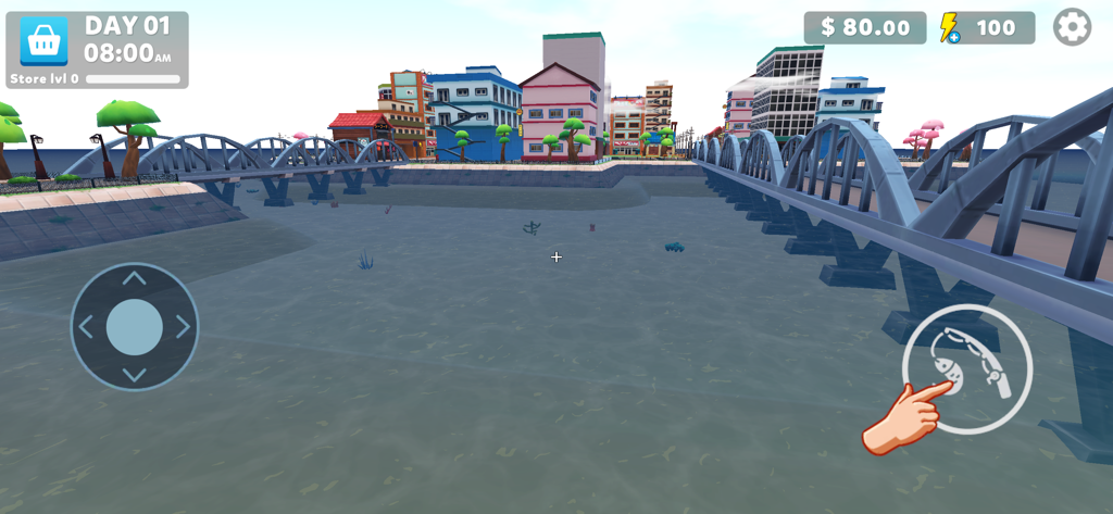 Dreamy Town - Jugabilidad de pesca urbana en Dreamy Town mostrando un canal y puente de la ciudad