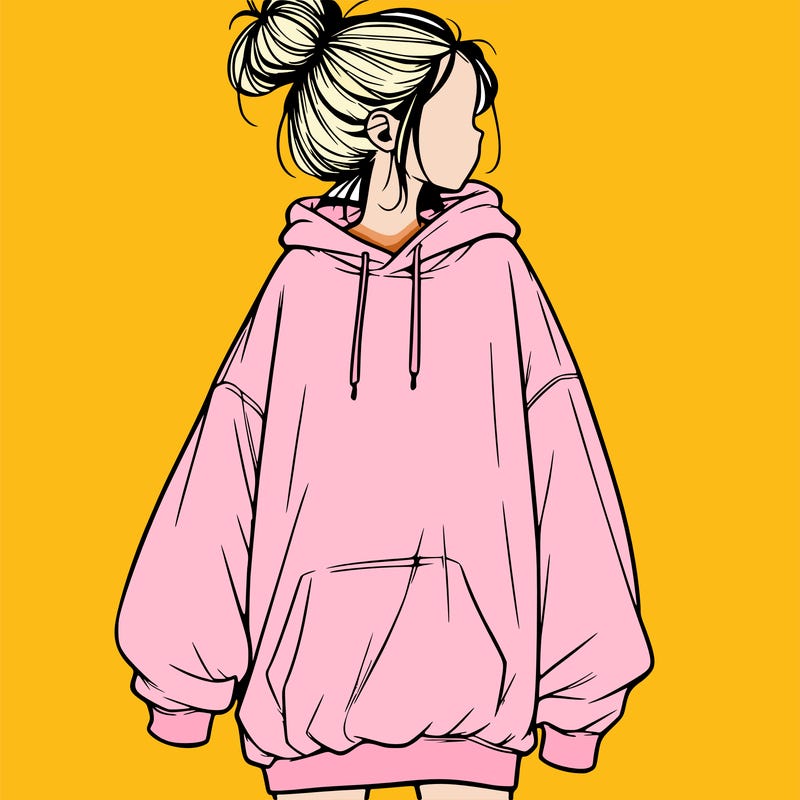realistic girl with a oversized sweatshirt on and a bun