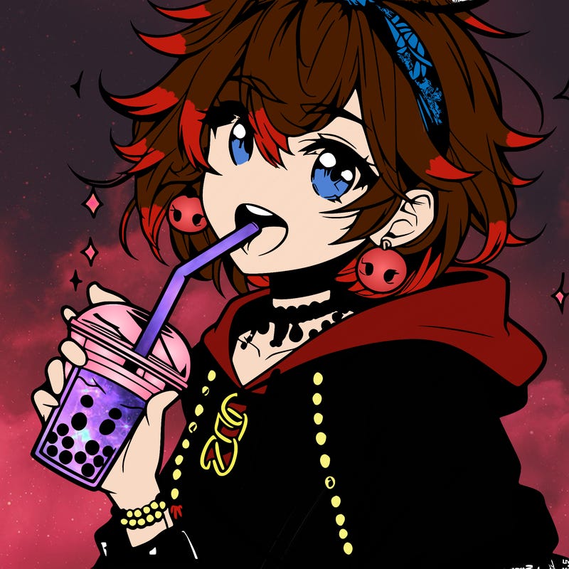 hot baddie anime girl drinking boba and biting the straw