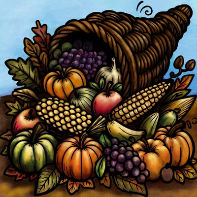 a cornucopia spilling out autumn fruit%2c vegetable