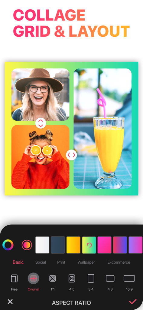 Mobile app interface for Collage Maker LiveCollage showing grid layout and aspect ratio settings
