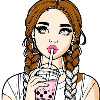 realistic girl with braided hair drinking boba
