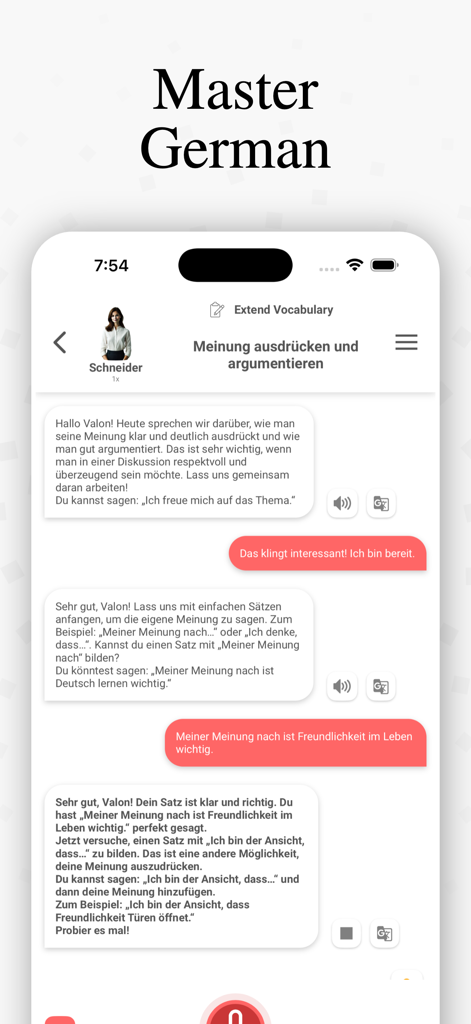 Conversation de chat allemande interactive avec un tuteur IA dans l'application SprechenAI.