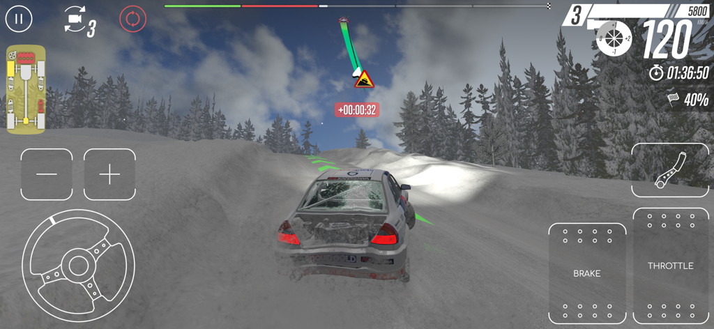 A rally car driving on a snowy track with visible rear damage in the game CarX Rally