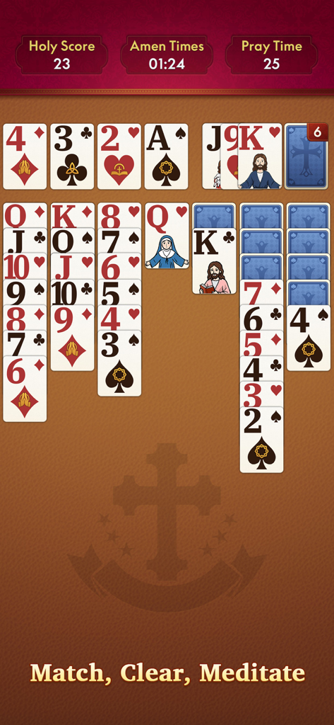 KJV Solitaire - Daily Bible - Pantalla de juego de Solitario KJV con cartas de temática religiosa y un rastreador de puntuación sagrada