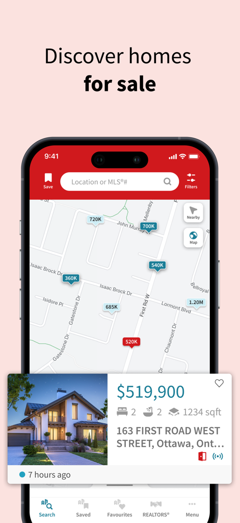 A mobile screen showing the REALTOR.ca app map interface with property price tags and a home listing in Ottawa.