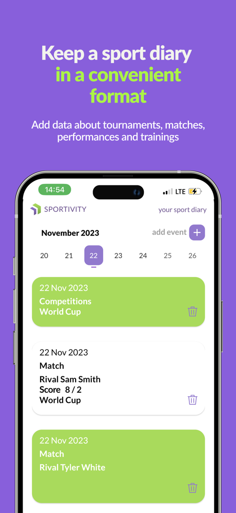 SPORTIVITY: sport tracker - Mobile app screen showing a sports diary with match history and tournament events