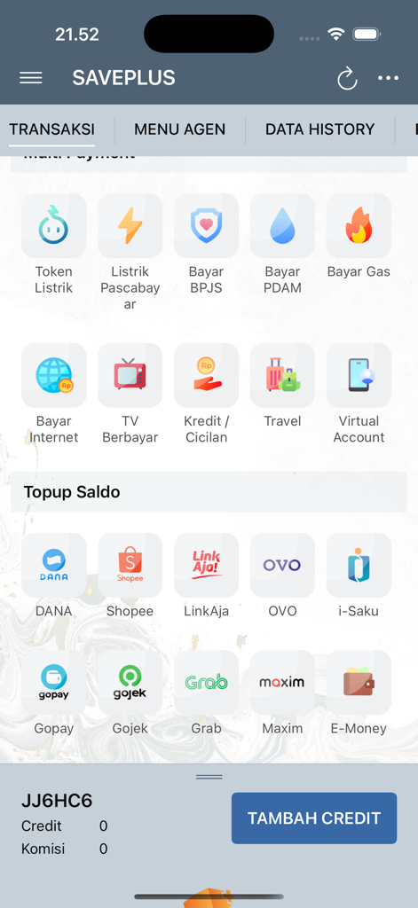 SAVEPLUS - SAVEPLUS app transaction screen showing utility payment icons and e-wallet top-up options for Indonesian services.