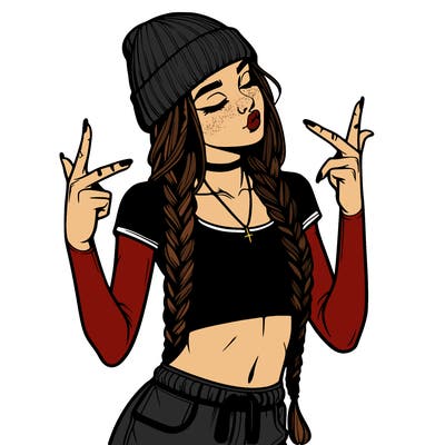 realistic teenage girl with braids and a beanie and crop top doing 🫶🏼