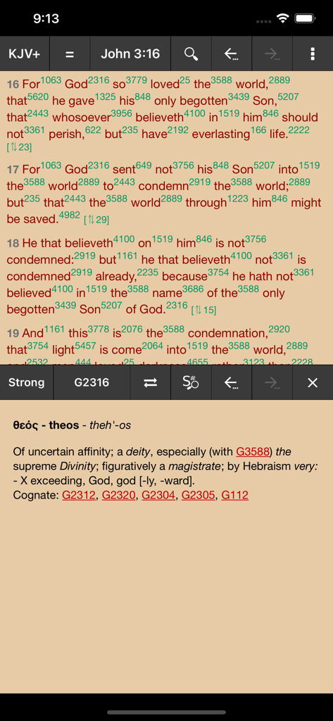 MyBible - MyBible app interface showing scripture with Strong's numbers and a Greek lexicon definition for word study