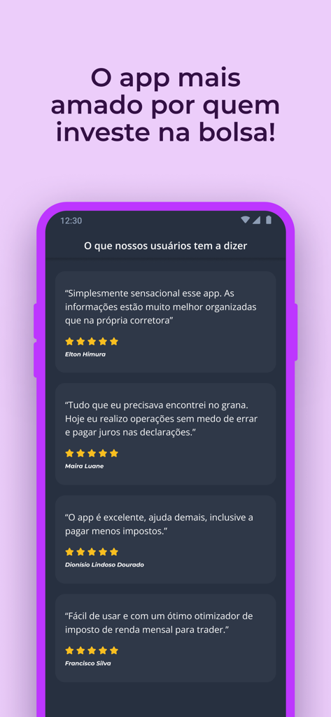 Grana - IR da bolsa automático - Captura de pantalla que muestra reseñas positivas y calificaciones de cinco estrellas para la app Grana en relación con la automatización de impuestos del mercado de valores brasileño.