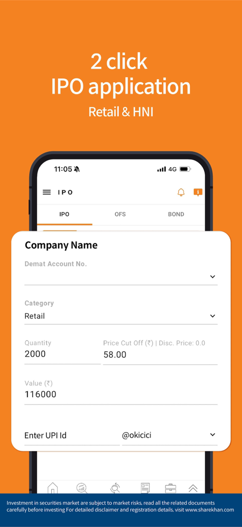 Mirae Asset Sharekhan App-Oberfläche mit einem 2-Klick-IPO-Antragsformular für Privat- und HNI-Investoren