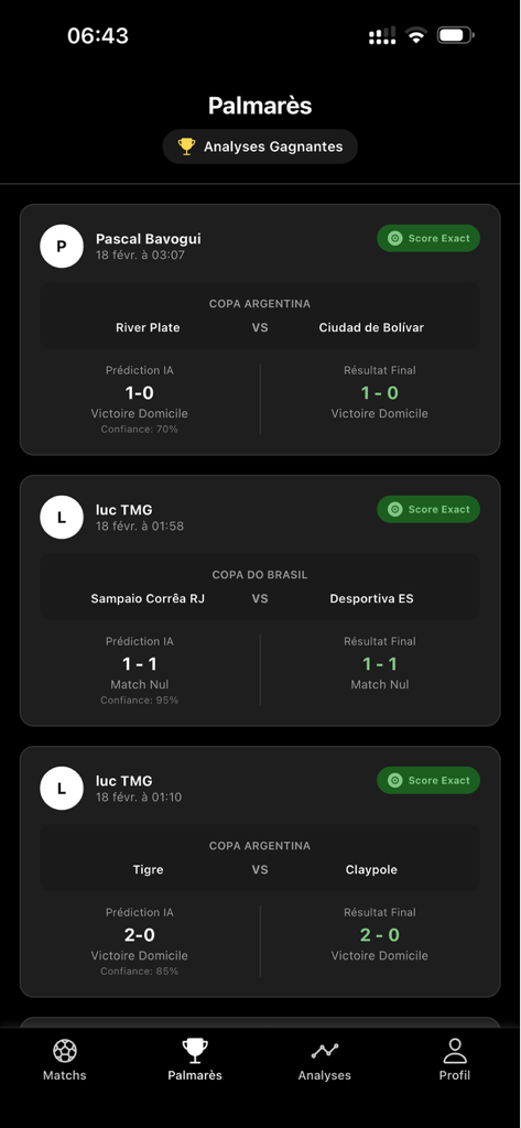 iA ParisSportif - A list of successful AI sports predictions showing exact scores and confidence levels for various football matches.