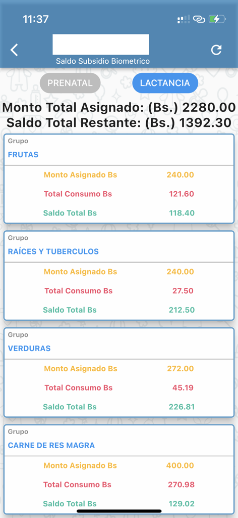 Mi Subsidio - Mobile app screen showing the biometric subsidy balance broken down by food groups such as fruits and vegetables