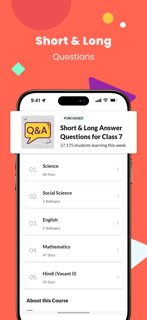 Class 7 CBSE NCERT & Maths App - Mobile app interface showing a list of subjects for Class 7 short and long questions including Science, Math, and English
