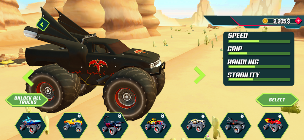 Xtreme Monster Truck Car Race - Black monster truck with wings and performance stats on the selection screen