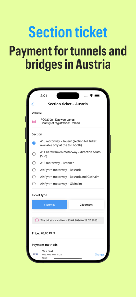 Autopay. Vignettes, motorway - Mobile screen showing the Autopay app interface for purchasing Austrian tunnel and bridge toll tickets