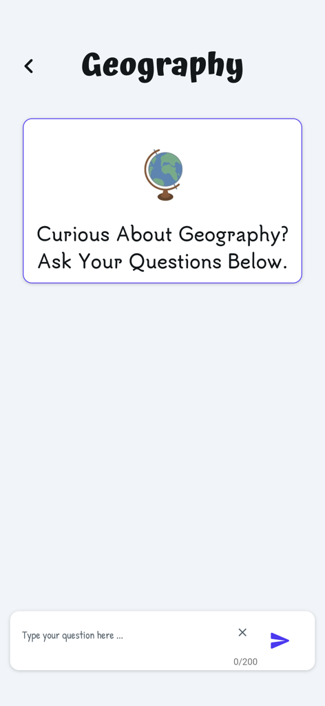 Interface de estudo de Geografia no aplicativo StudySmart AI com uma caixa de entrada de perguntas e um ícone de globo.