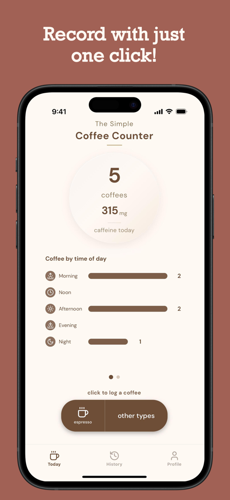Simple Coffee Counter app dashboard showing daily coffee intake and caffeine levels