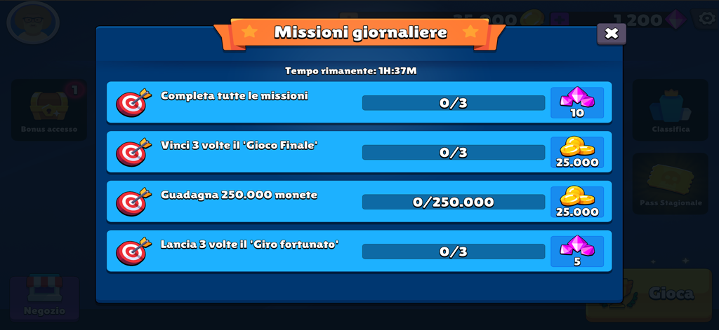 Avanti L'Altro Quiz - Daily missions screen in the Avanti Laltro Quiz app showing game objectives and rewards like coins and gems