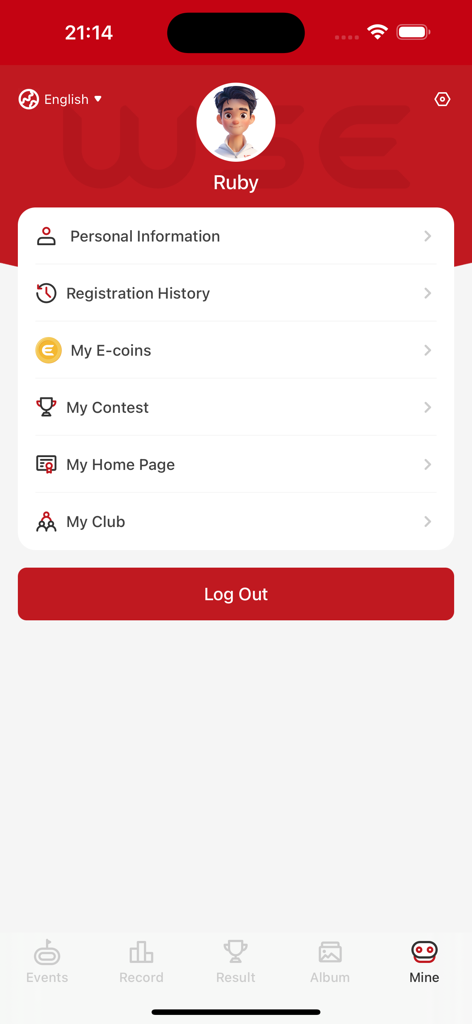 WSE Open - User profile and account settings page in the WSE Open athletics competition app showing menu options like personal information and contest history