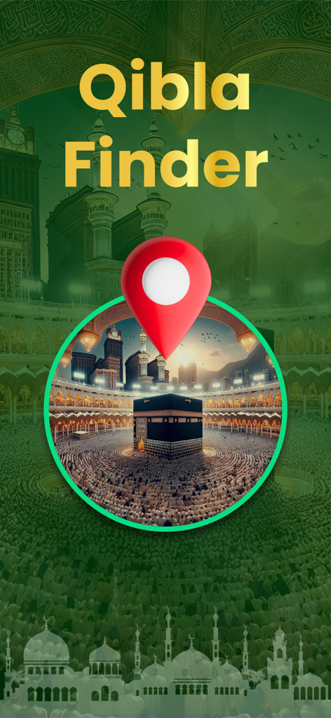 Pantalla de inicio para la aplicación Buscador de Qibla con la Kaaba y un icono de pin de ubicación.