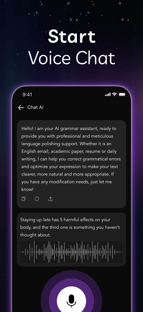 Cloud AI - AI Chat Assistant - Interfaz de la aplicación Cloud AI mostrando funciones de chat de voz y asistente de gramática de IA