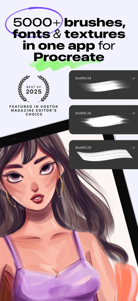 Art Brushes for iPad - Promotional screenshot for Art Brushes for iPad showing graffiti brushes and a digital portrait illustration for Procreate