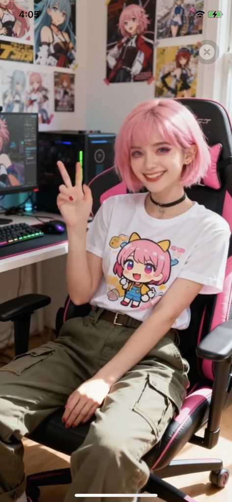 Muva - AI Romance & Friends - Una compañera de IA con cabello rosa sentada en una silla gamer haciendo un signo de paz