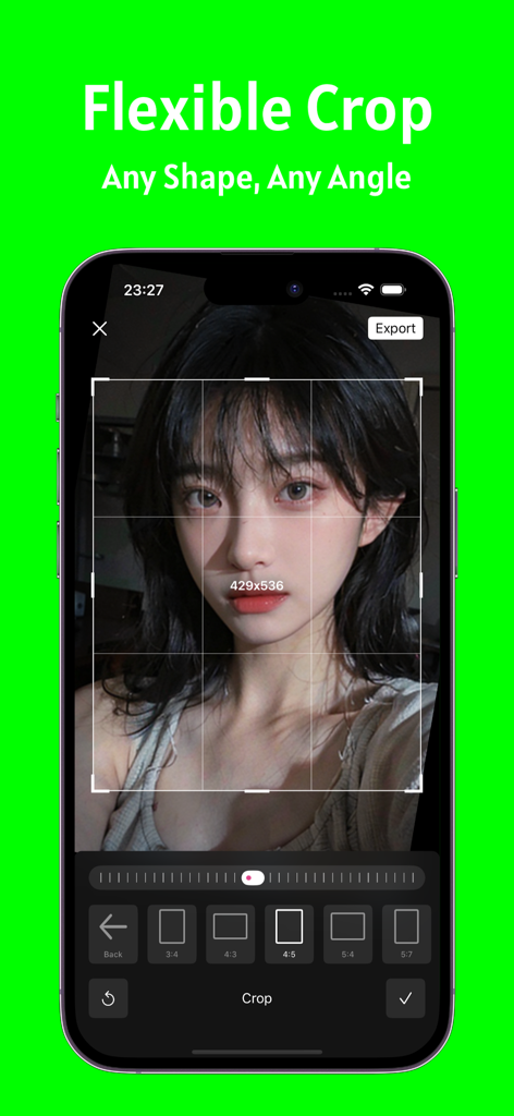 GlowCam app interface showing a flexible cropping tool for a selfie with various aspect ratio options like 4:5 and 3:4.