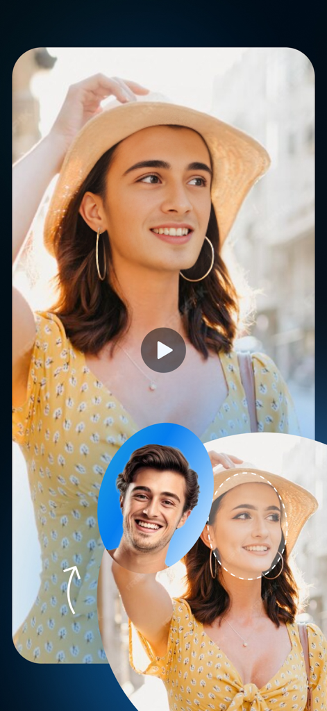 A demonstration of the AI video face swap feature showing a male face swapped onto a female video template with a sun hat