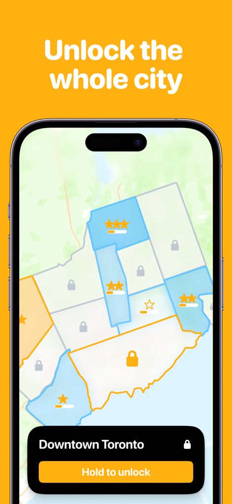 Househunt: Fun With Real Homes - A mobile game screen from Househunt showing a map of city sectors with star ratings and a prompt to unlock Downtown Toronto.