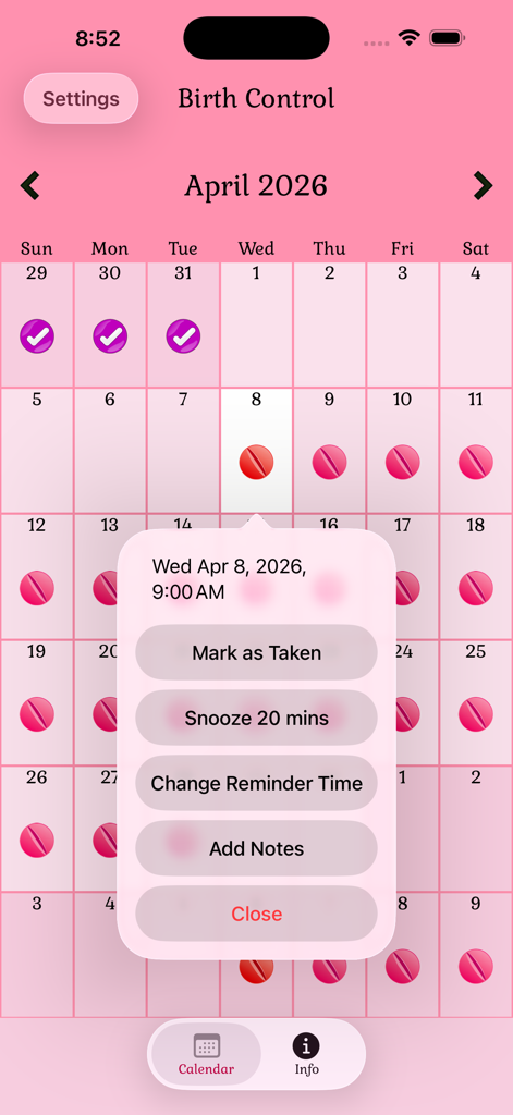 Birth Control Pill Reminder - A pink-themed calendar screen in a birth control app showing a popup menu with options to mark a pill as taken or snooze the reminder.