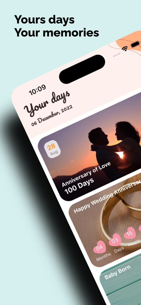 Days - Events Countdown - Daysアプリのインターフェース。愛情のこもった記念日や結婚式の節目に関する感動的なカウントダウンを表示。