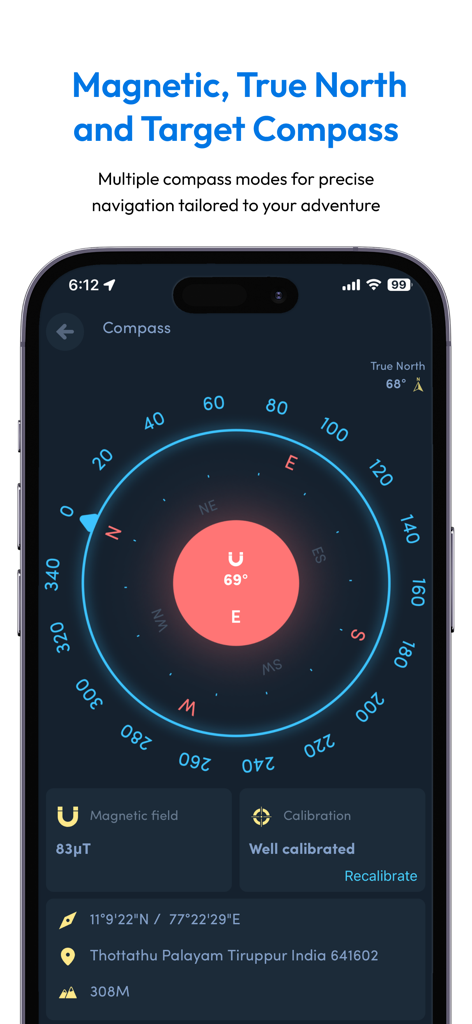 Digital compass interface displaying magnetic north and coordinates in the Offline Map Navigation app.