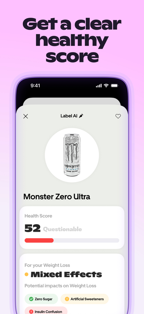Label AI: Food & Cosmetic Scan - Label AI app screenshot showing a health score of fifty two and ingredient analysis for an energy drink