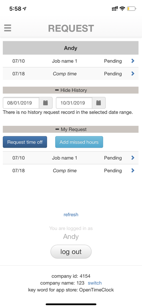 OpenTimeClock - OpenTimeClock mobile app request screen showing pending time off and missed hours requests for an employee.