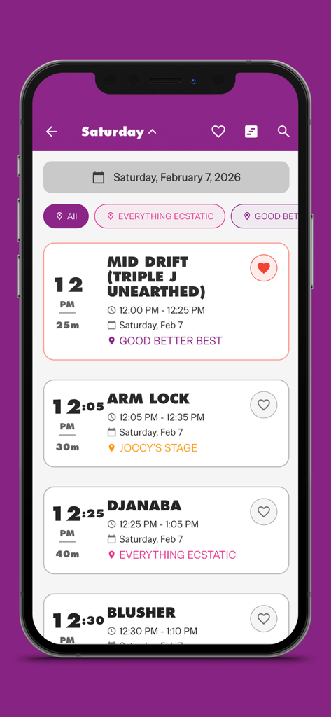 Laneway Festival - A mobile app interface displaying a music festival schedule with artist names and performance times