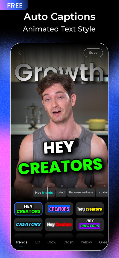 비디오에 자동 자막과 애니메이션 텍스트 스타일을 표시하는 Vmake 앱 인터페이스.