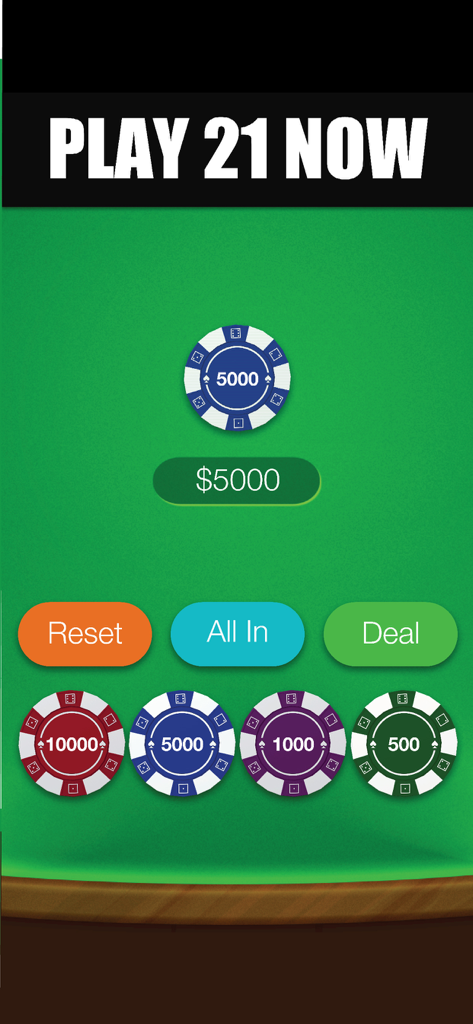 Black Jack ··· - 녹색 카지노 테이블에 베팅 칩과 플레이 버튼이 보이는 모바일 블랙잭 게임 인터페이스