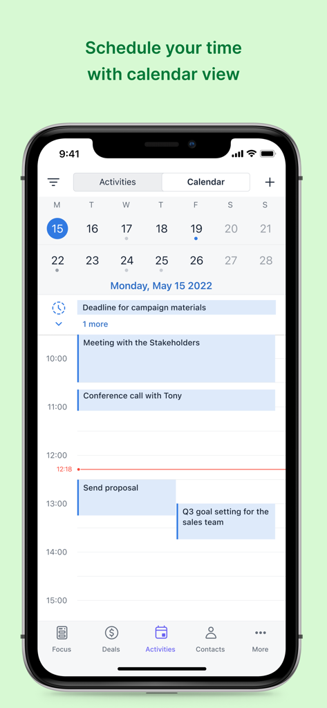 CRM sales tracker by Pipedrive - Pipedrive mobile app calendar view showing scheduled sales meetings and activities