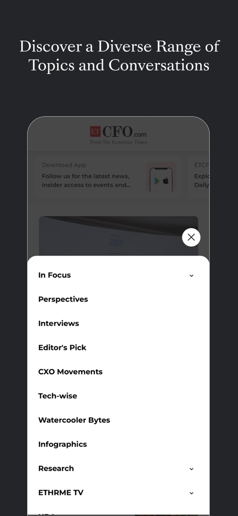 ETHRWorldME 앱 인터페이스에 관점, 인터뷰, CXO 동향 등 다양한 HR 뉴스 카테고리 메뉴가 표시됨